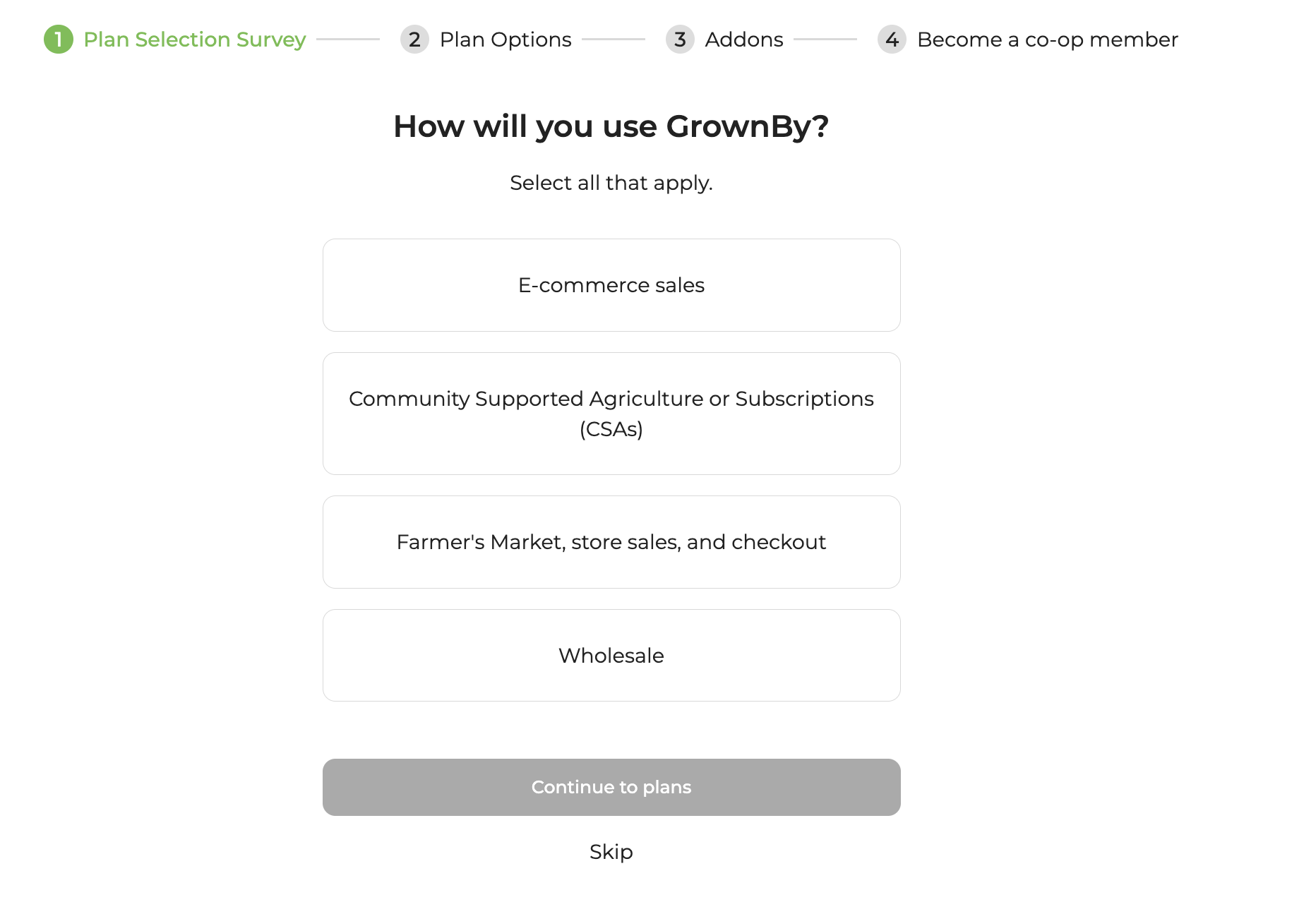 Survey page on desired use of GrownBy