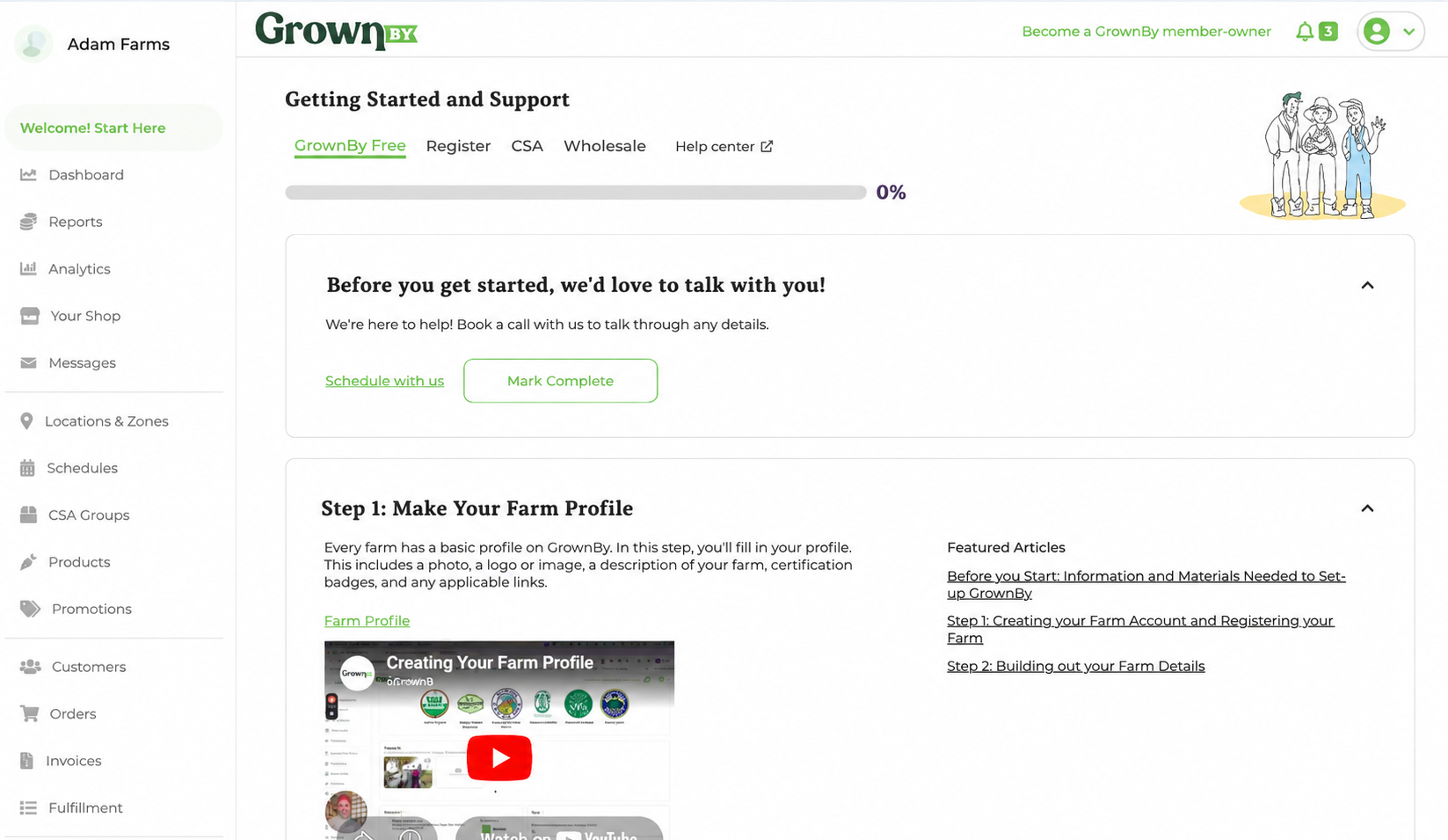GrownBy farm setup landing page after verification