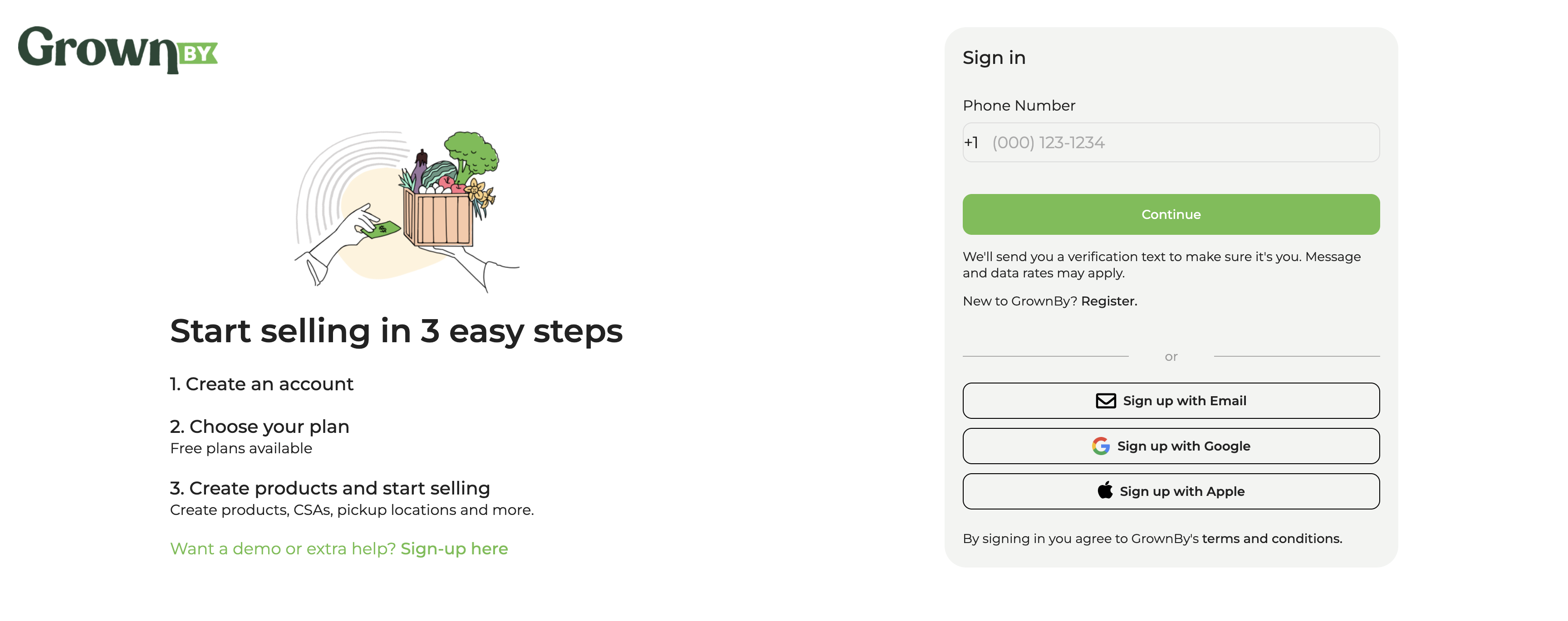 GrownBy registration page with fields for name, email, and password
