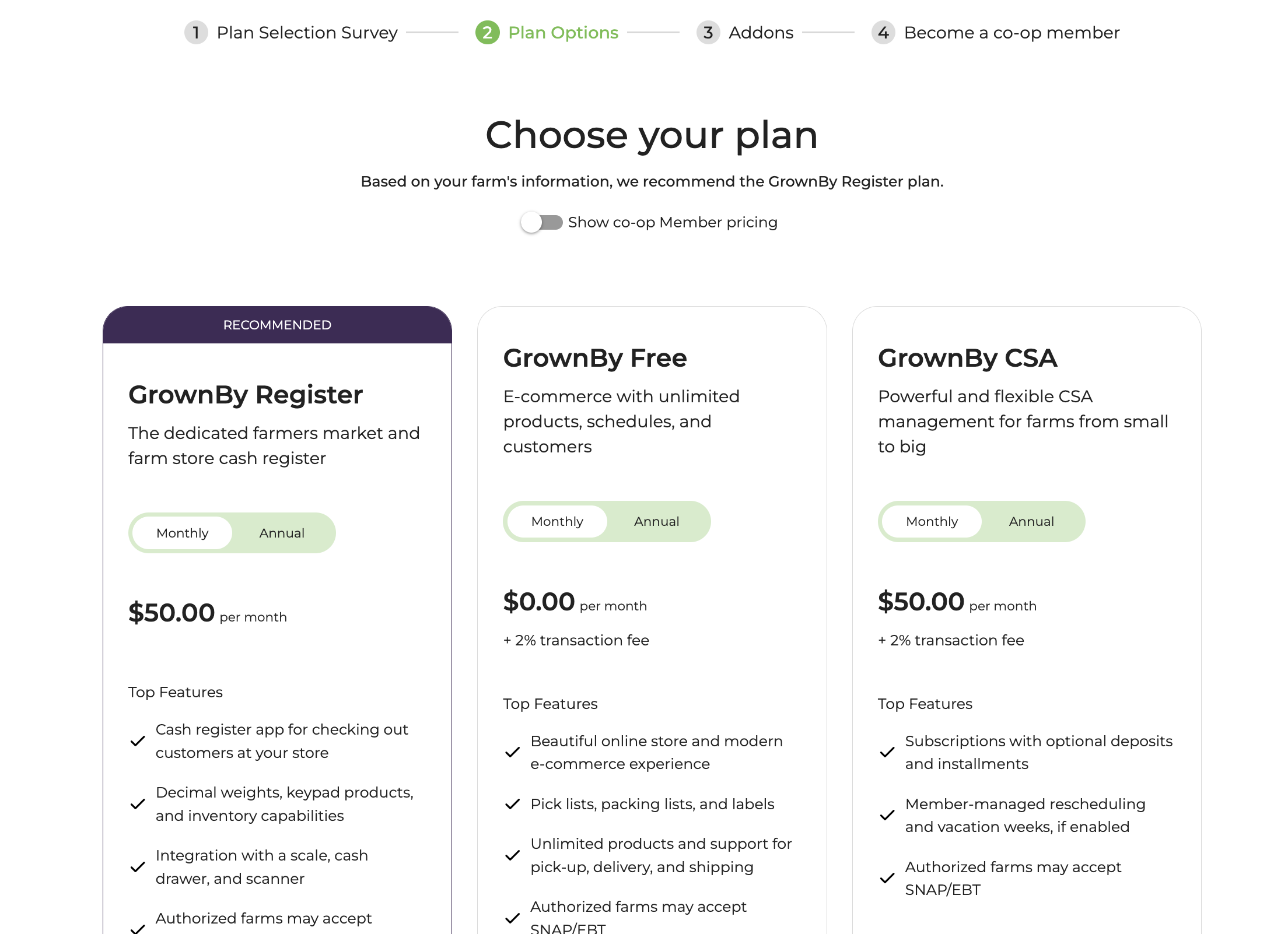 GrownBy plan selection page with recommended plan