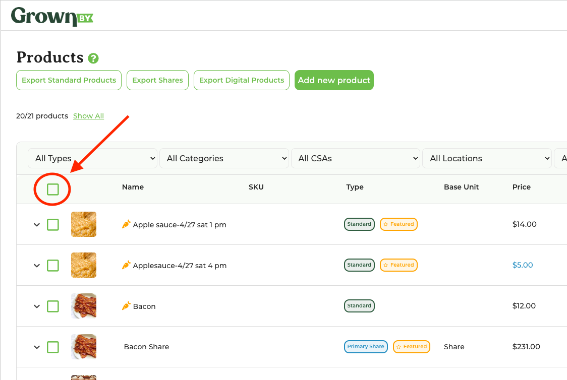 Select All checkbox at the top of the products menu