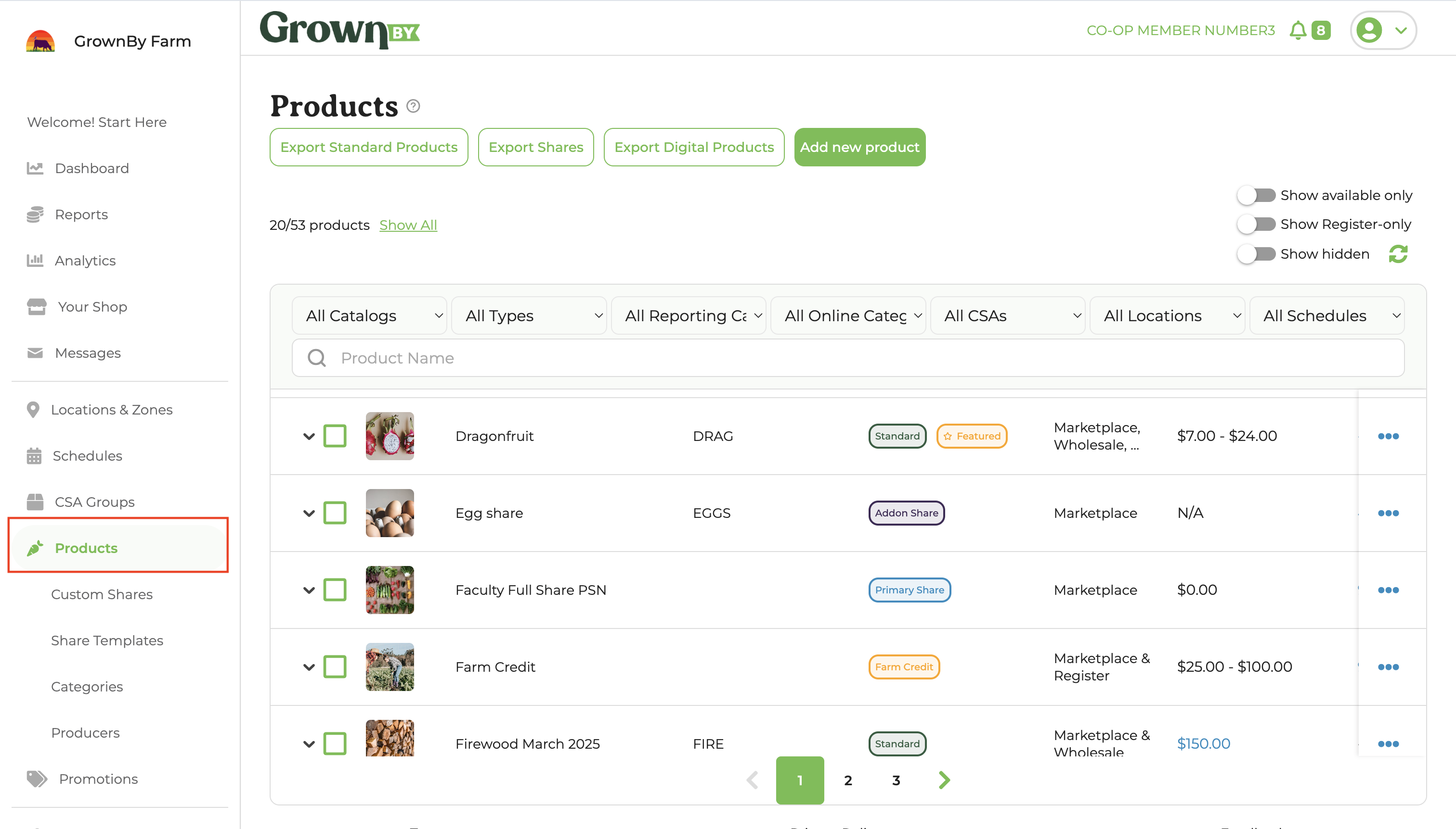 Products menu in the GrownBy dashboard sidebar