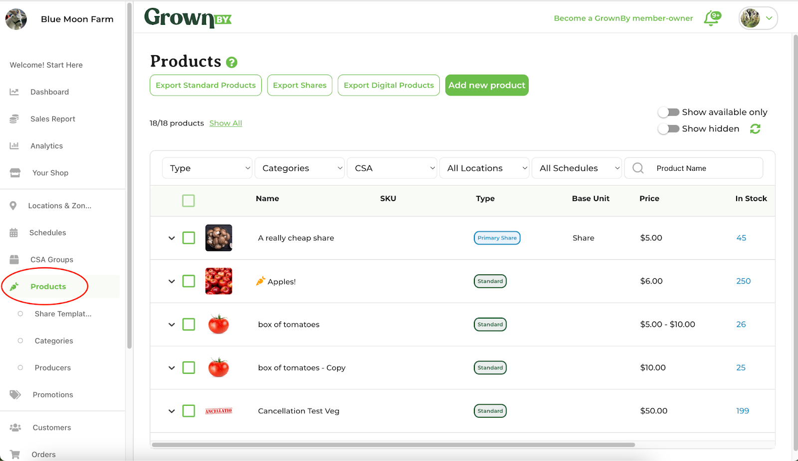 Products menu in the GrownBy dashboard sidebar