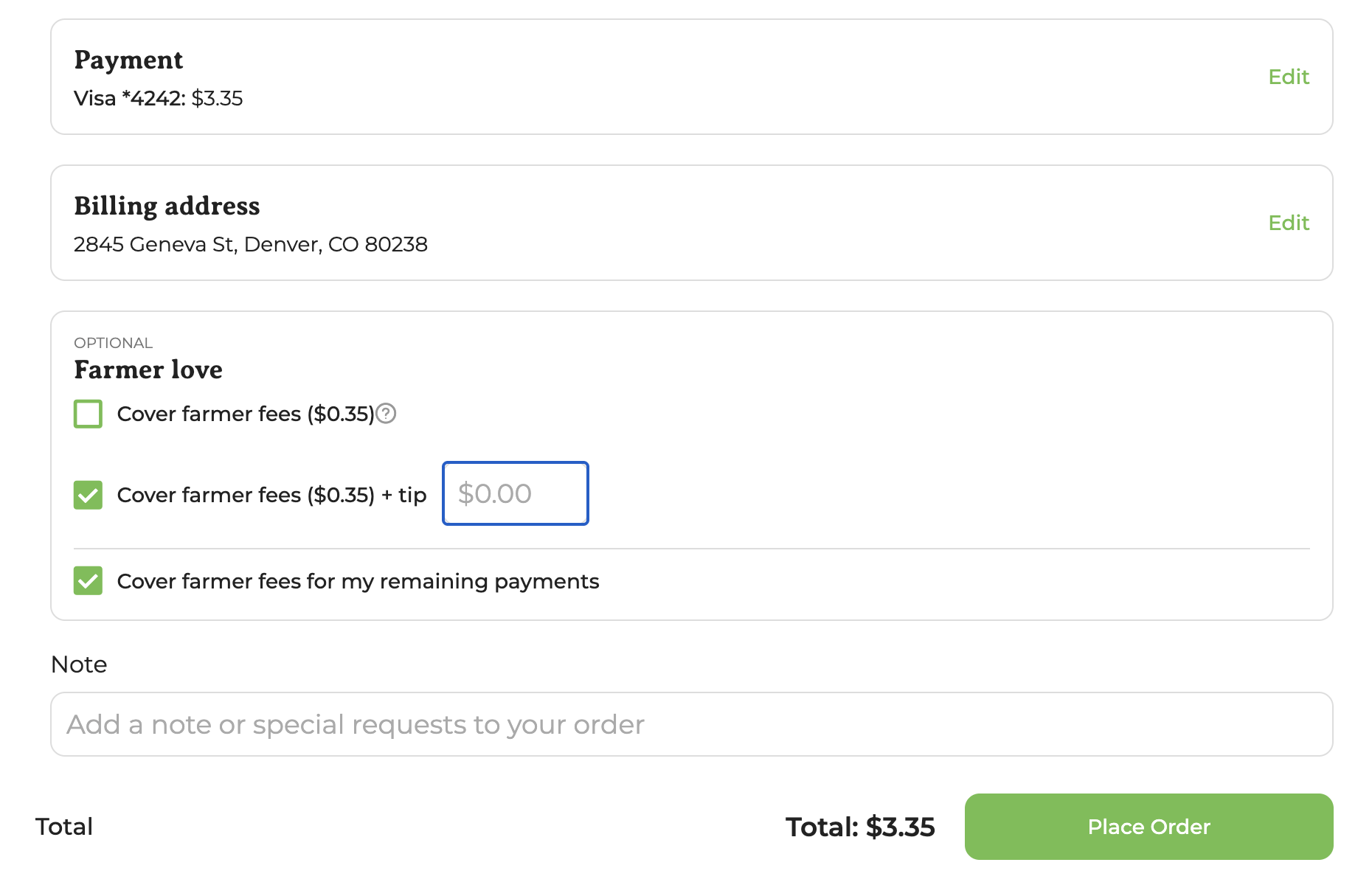 Checkout view showing fee coverage and tip options for the customer