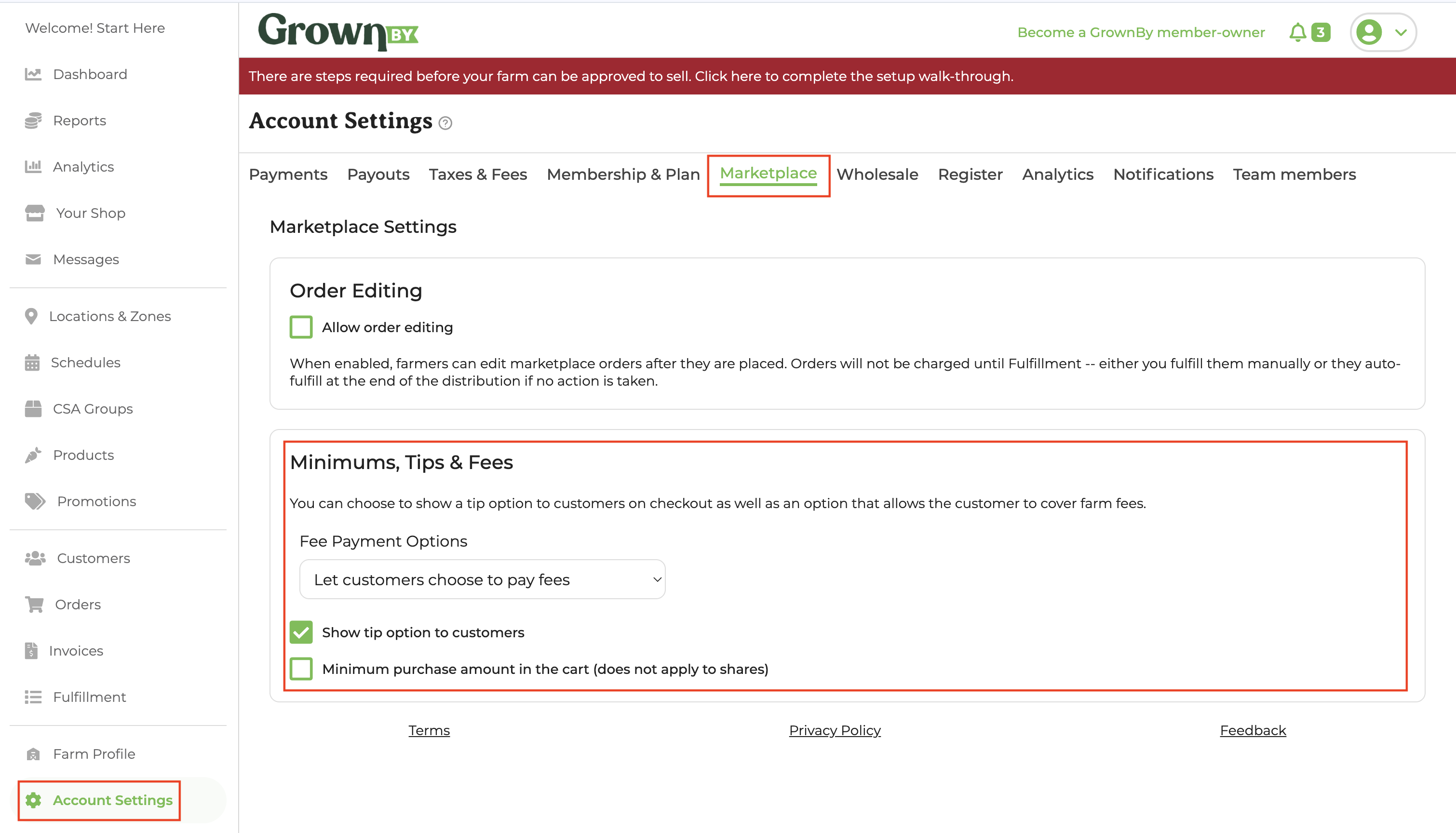 Marketplace settings screen in farmer's dashboard