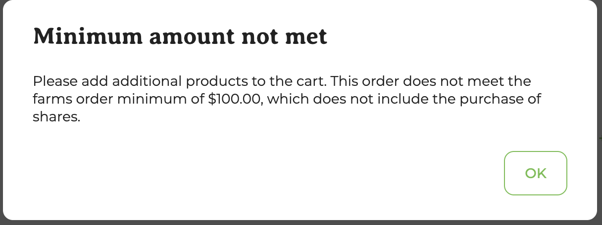 Checkout warning shown when the cart total is below the minimum purchase amount