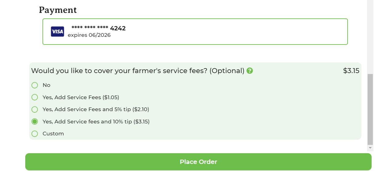 Checkout view showing fee coverage and tip options for the customer