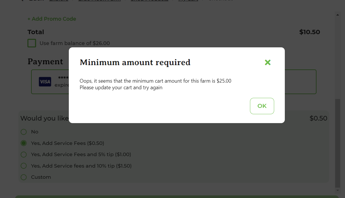 Checkout warning shown when the cart total is below the minimum purchase amount