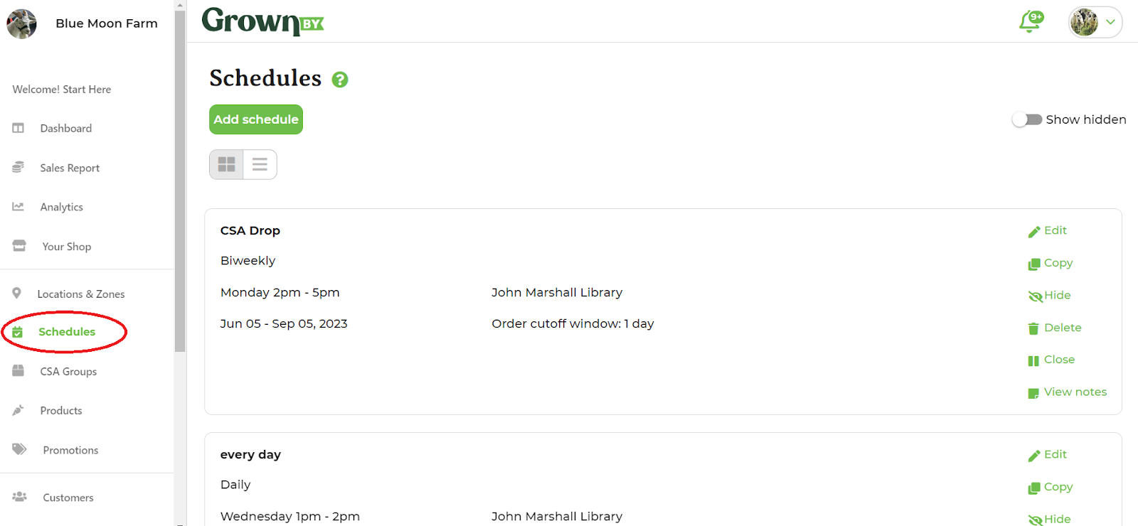 Schedules page with Add Schedule button