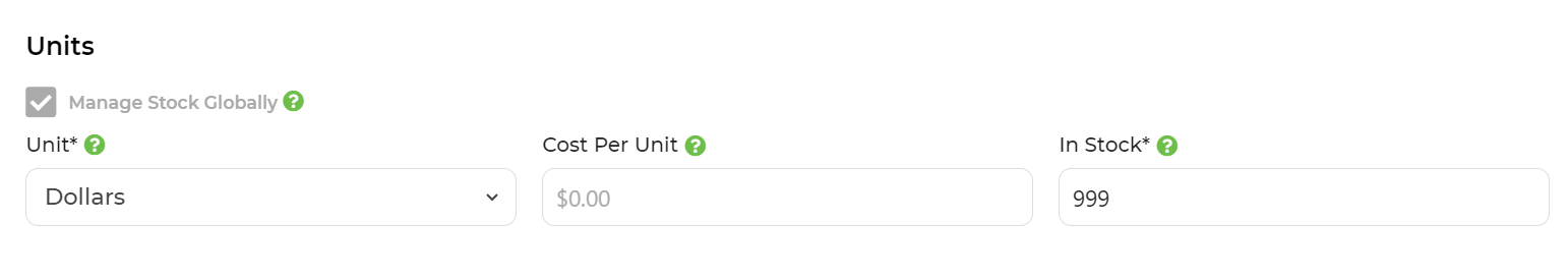 Unit and stock fields on the Digital Product editing page