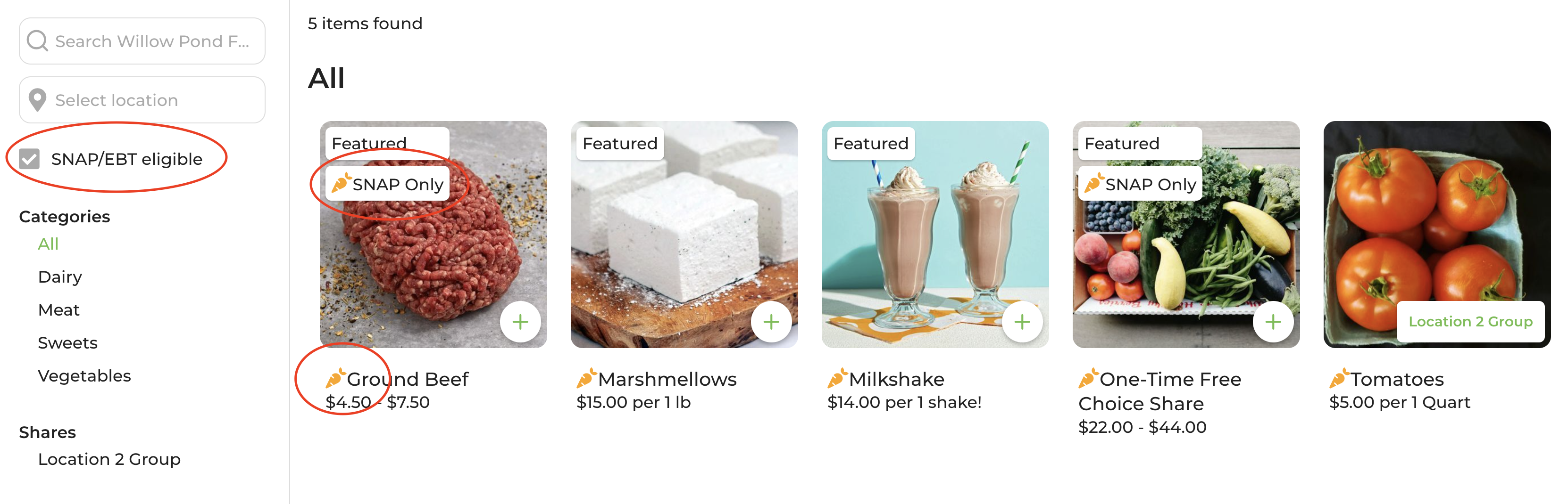 SNAP/EBT Eligibility menu options when editing a standard product