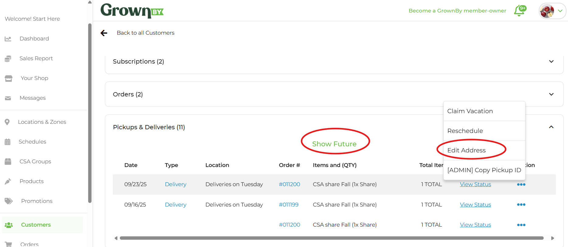 Customer detail page showing the Pickups & Deliveries tab with the Show Future option