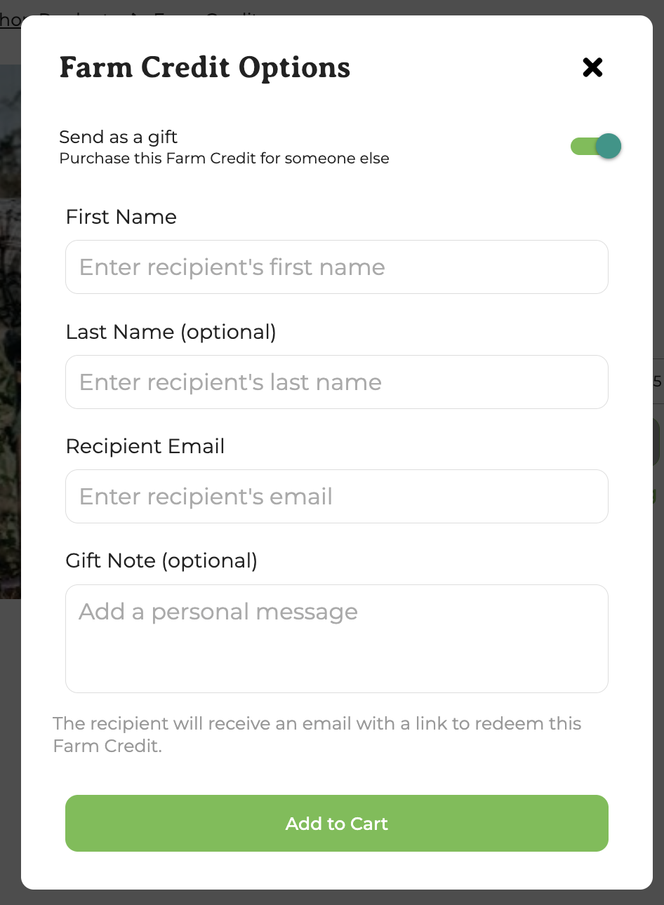 In-cart gift card form showing Send as a gift toggle, recipient name, email, and gift note fields
