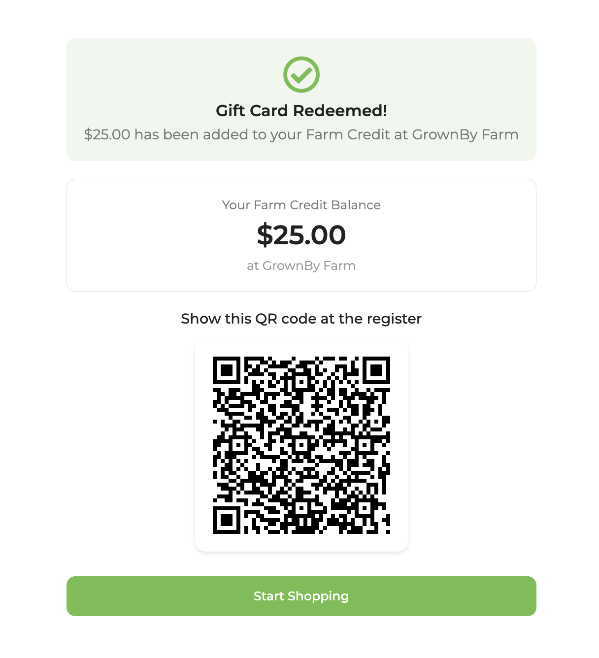 Gift Card Redeemed confirmation page showing the amount added to Farm Credit balance and a QR code