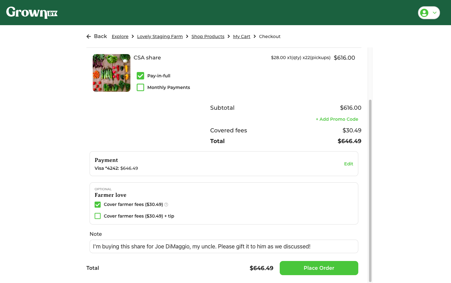 Order with a customer note indicating a gift