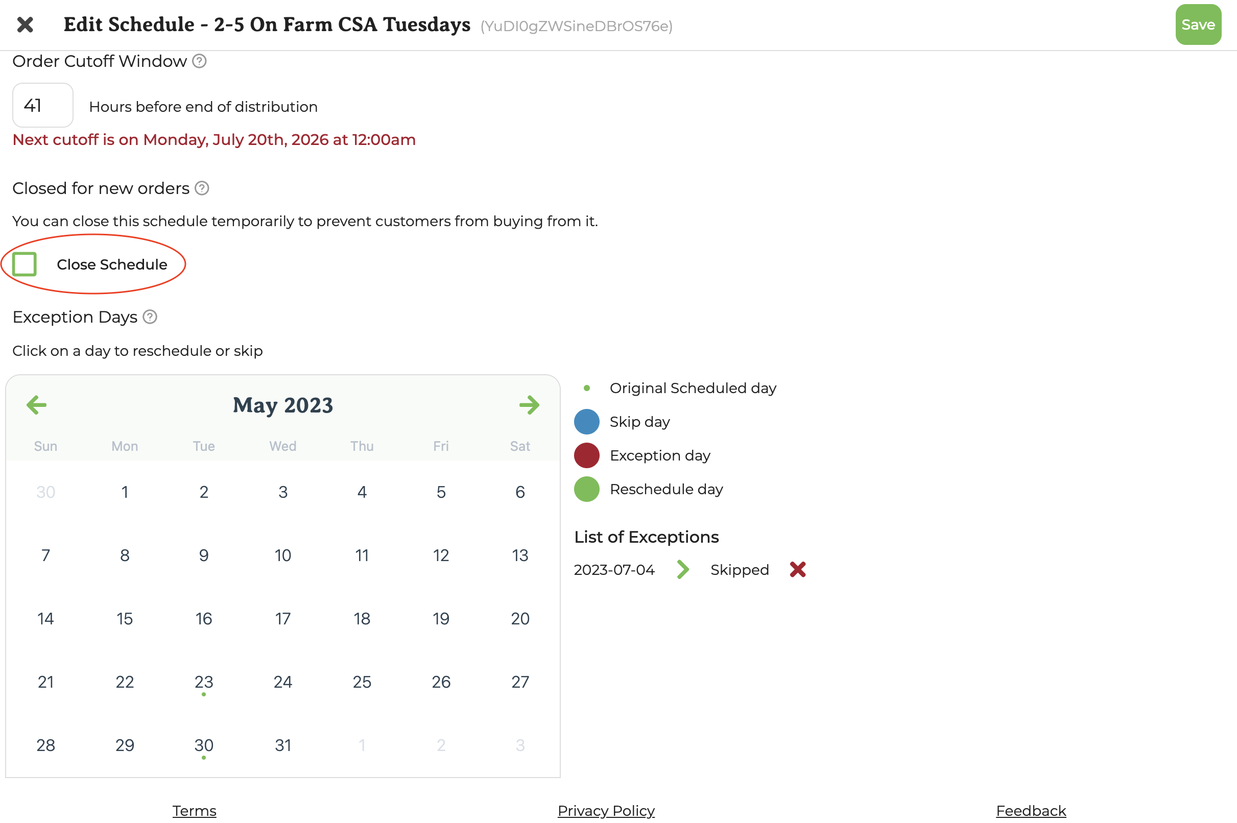 Edit Schedule form showing the Close Schedule checkbox near the bottom of the page