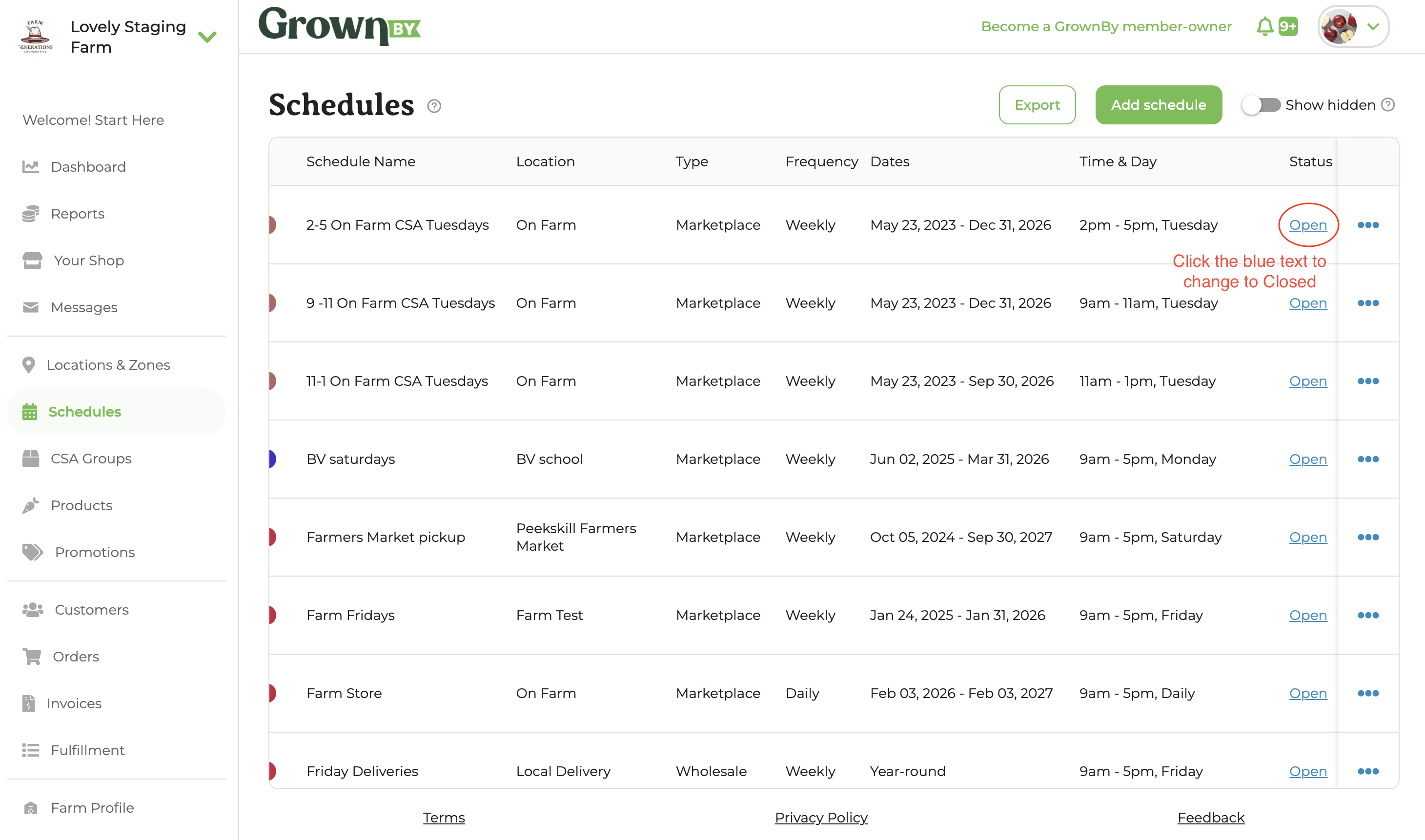 Schedules list showing the Open status link in the Status column, with a note to click the blue text to change to Closed