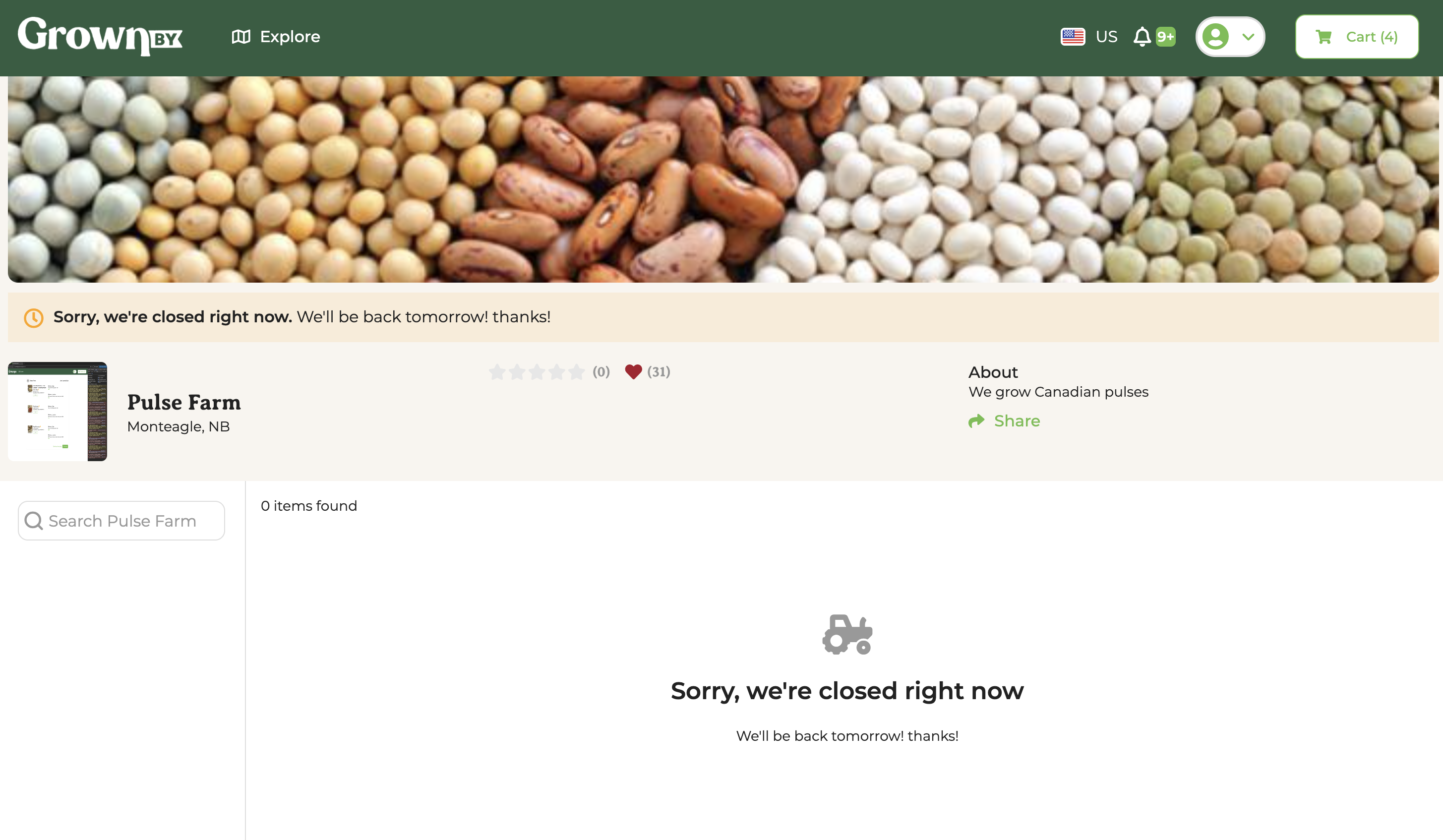 Customer view of a closed shop, with a banner reading "Sorry, we're closed right now" above the farm name and the farm's closed message shown in place of any products