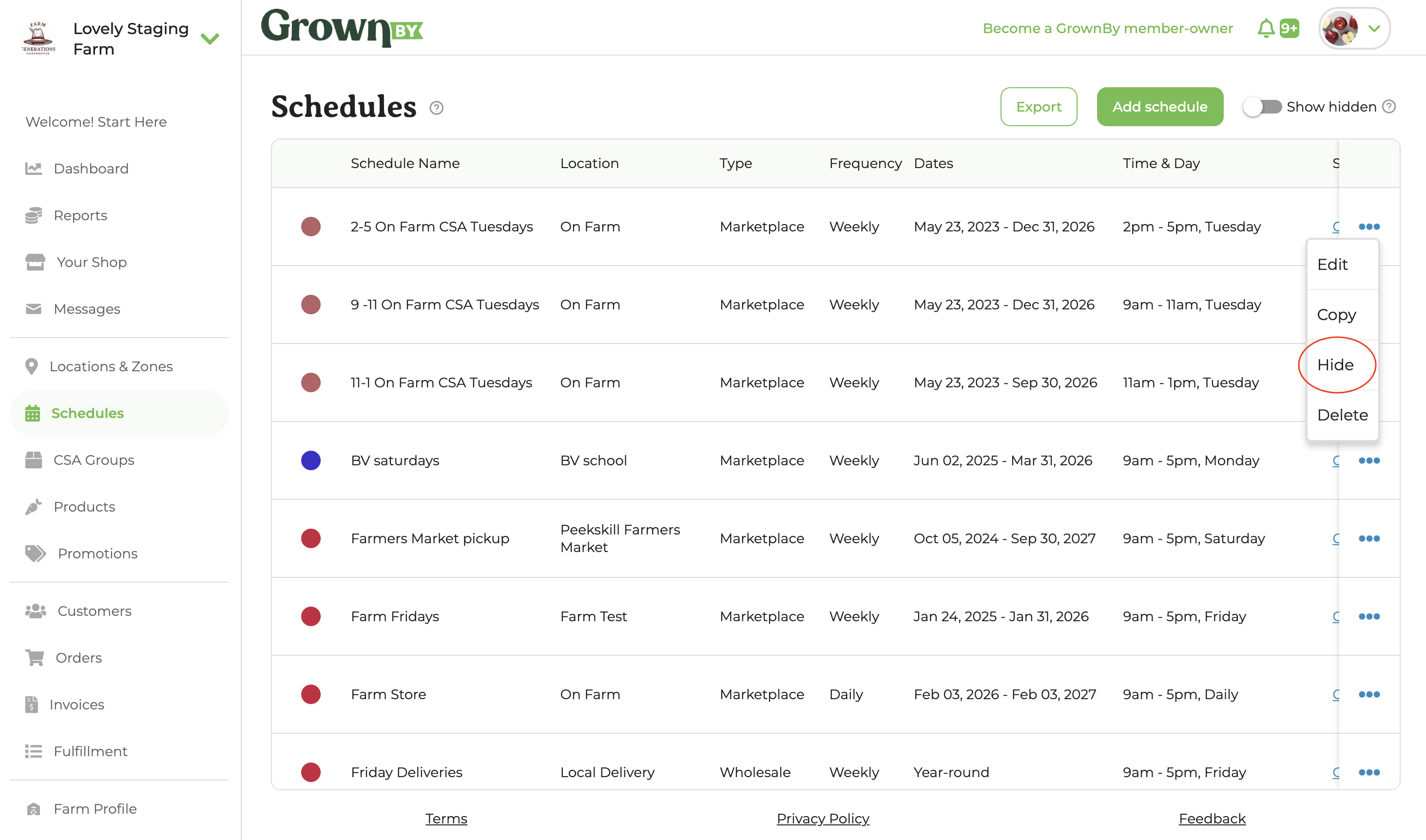Schedules list with the three-dot menu open, showing Hide as one of the options