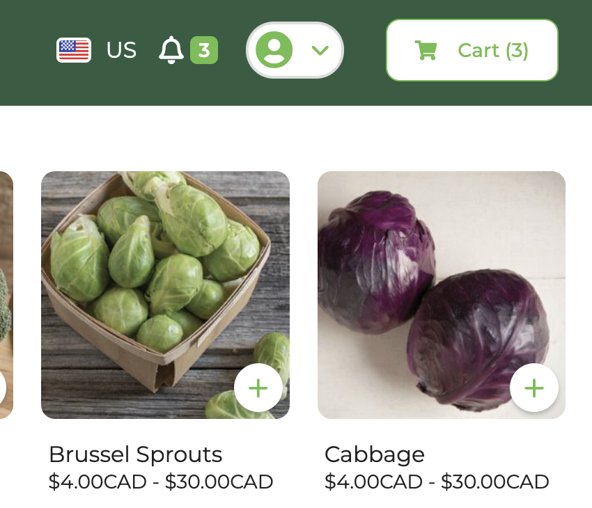 Farm shop page with products showing add to cart buttons