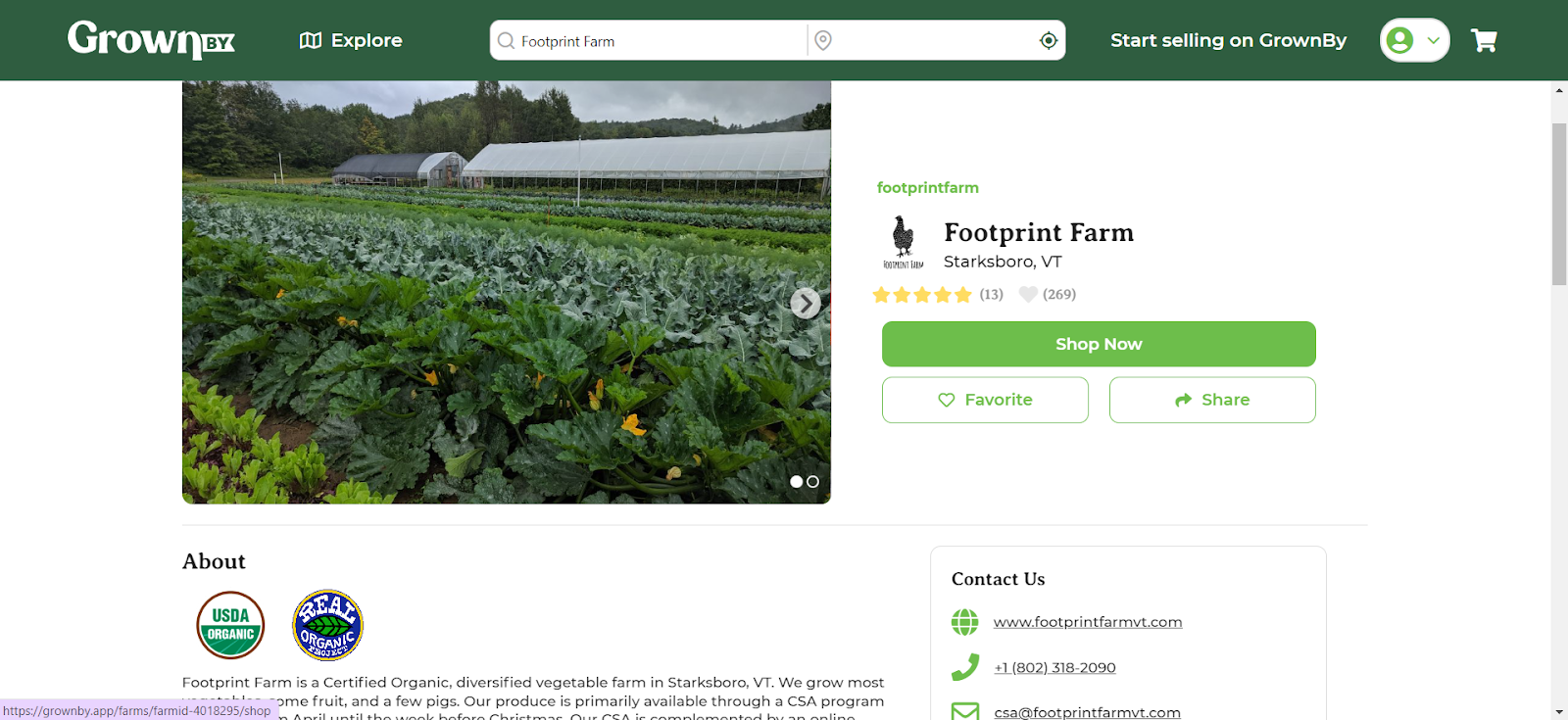 Farm profile page with a Shop Now button