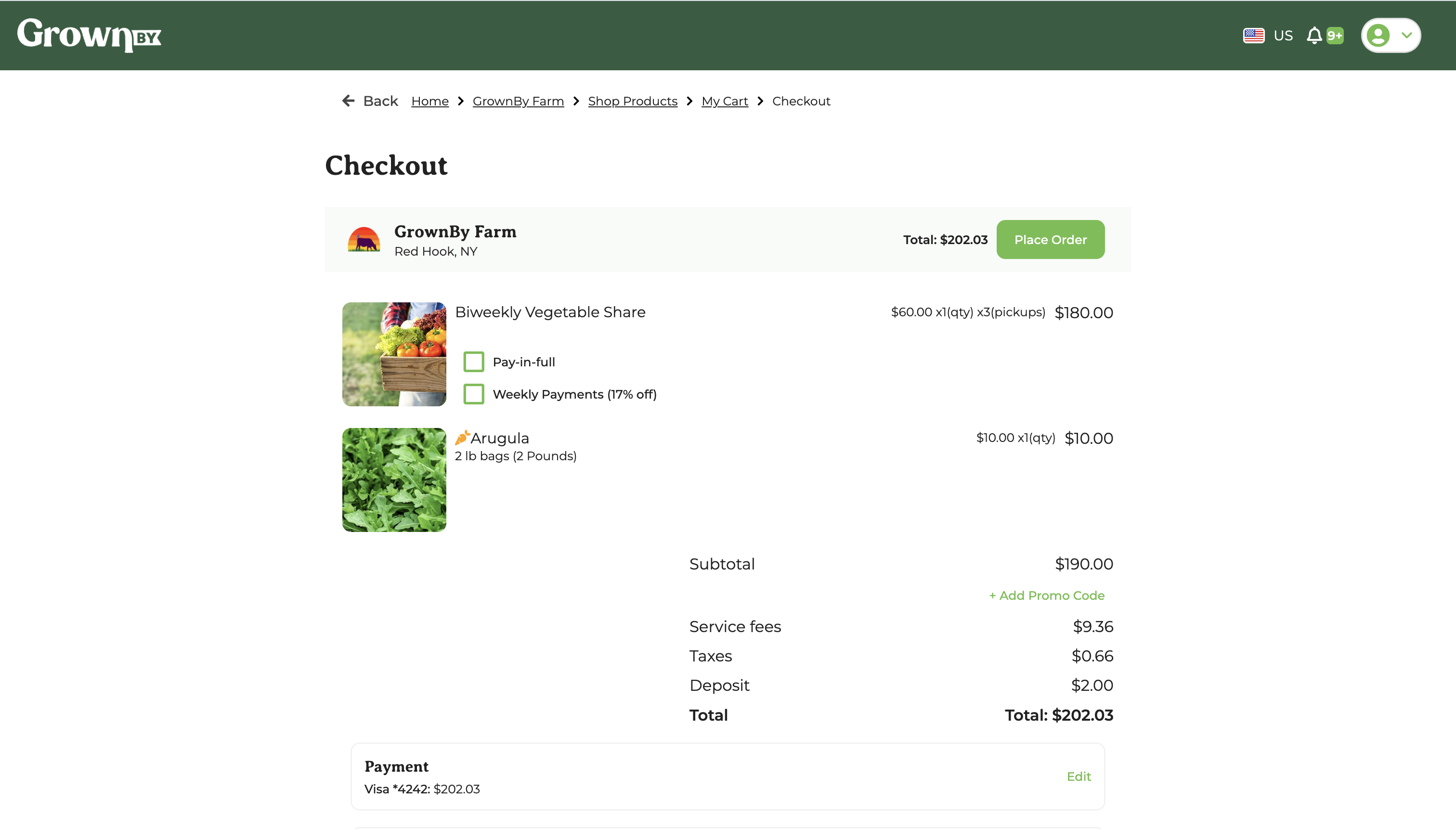 Order review screen with a Checkout Now button