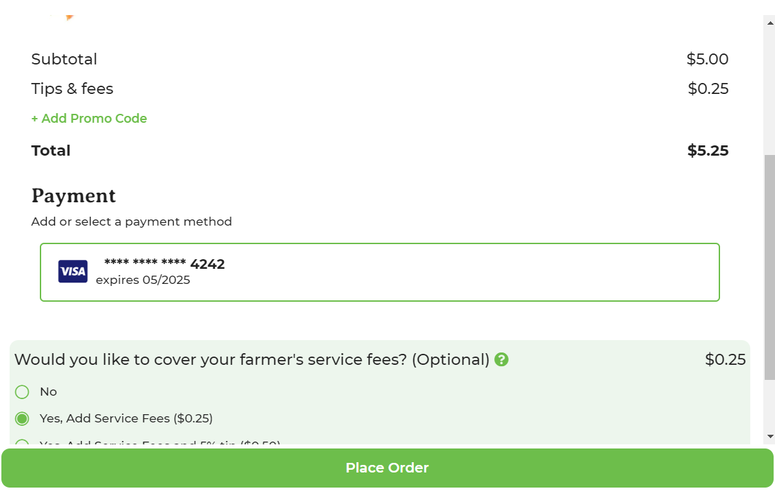 Payment method selection screen with a Place Order button