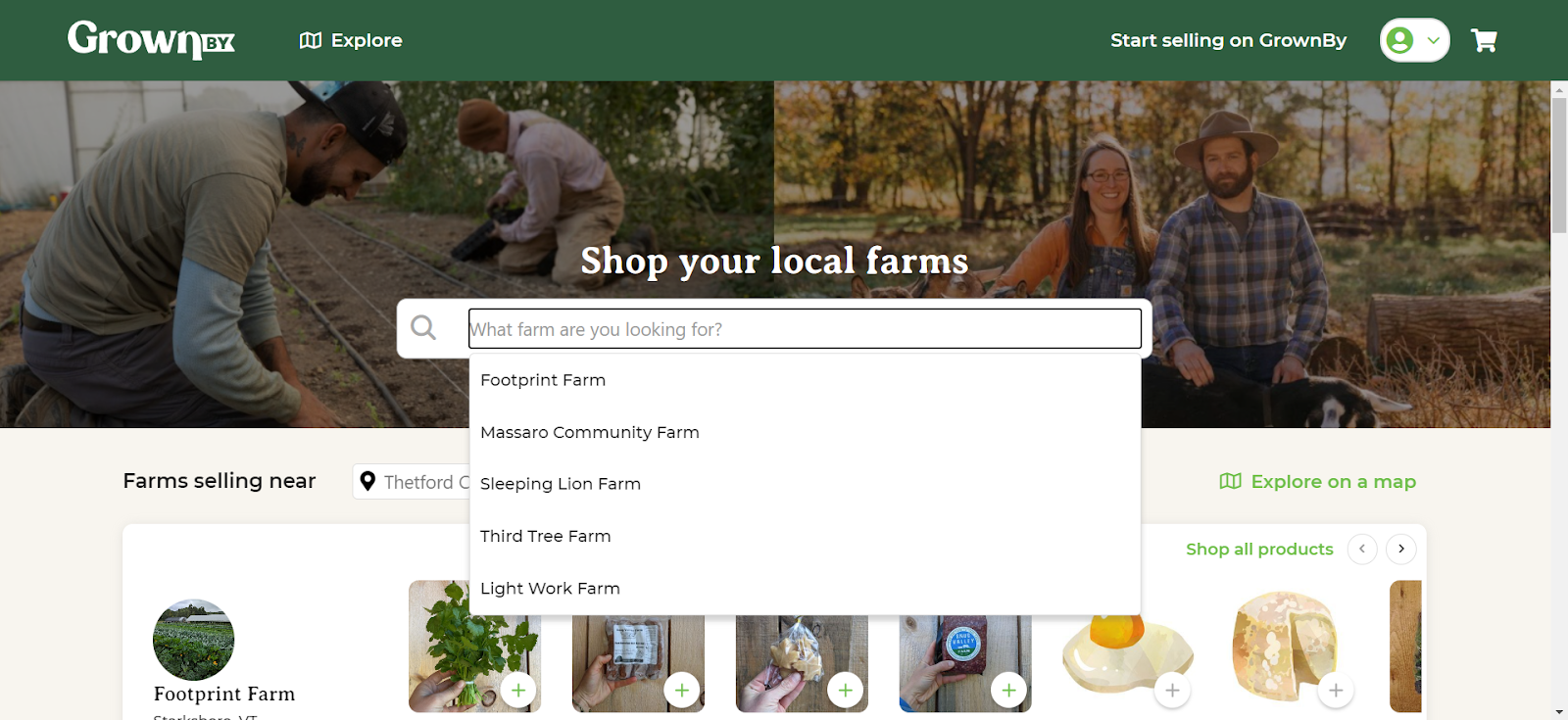 GrownBy search bar with the prompt 'What farm are you looking for?'