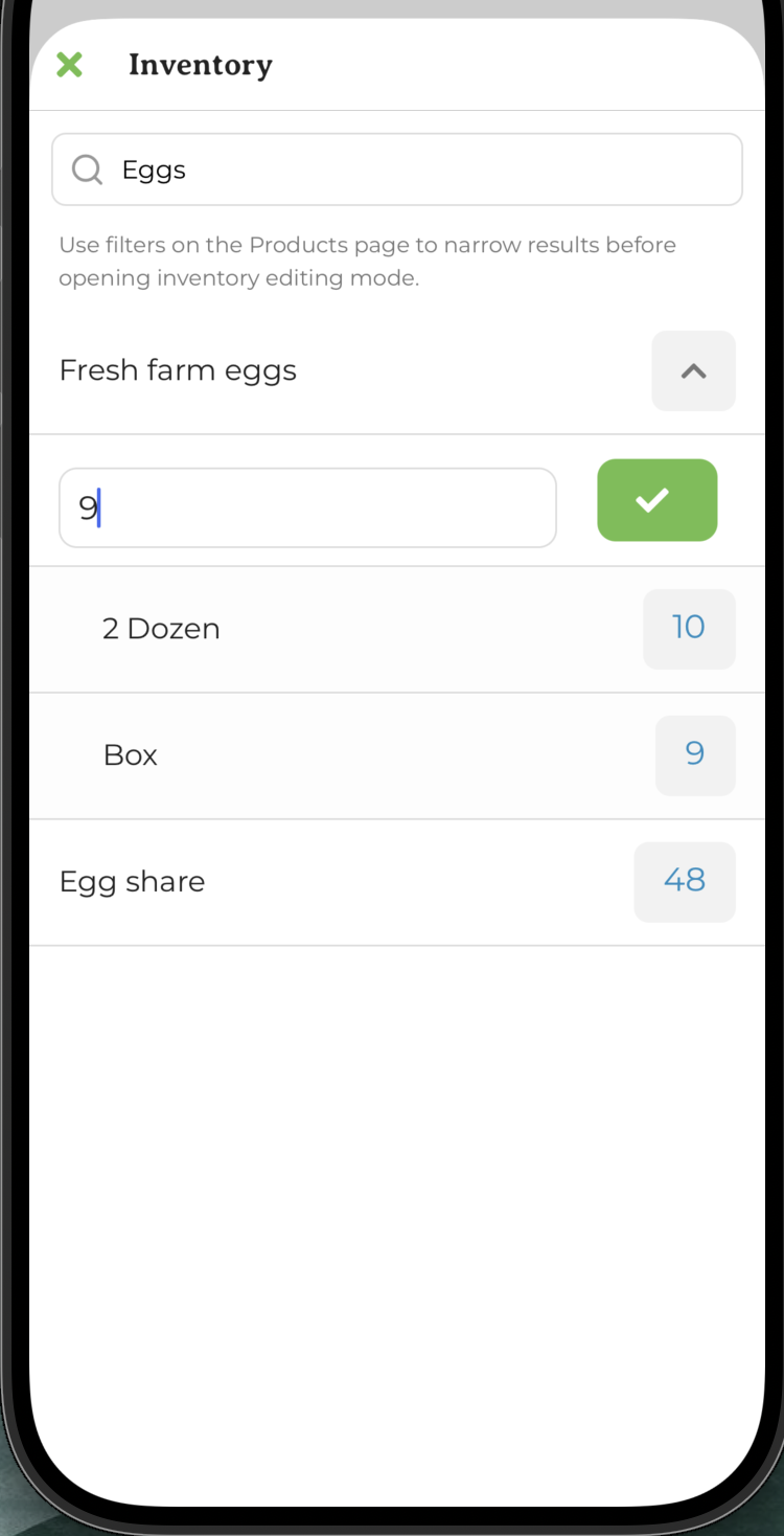 Inventory modal showing an expanded product with per-buying-option stock fields