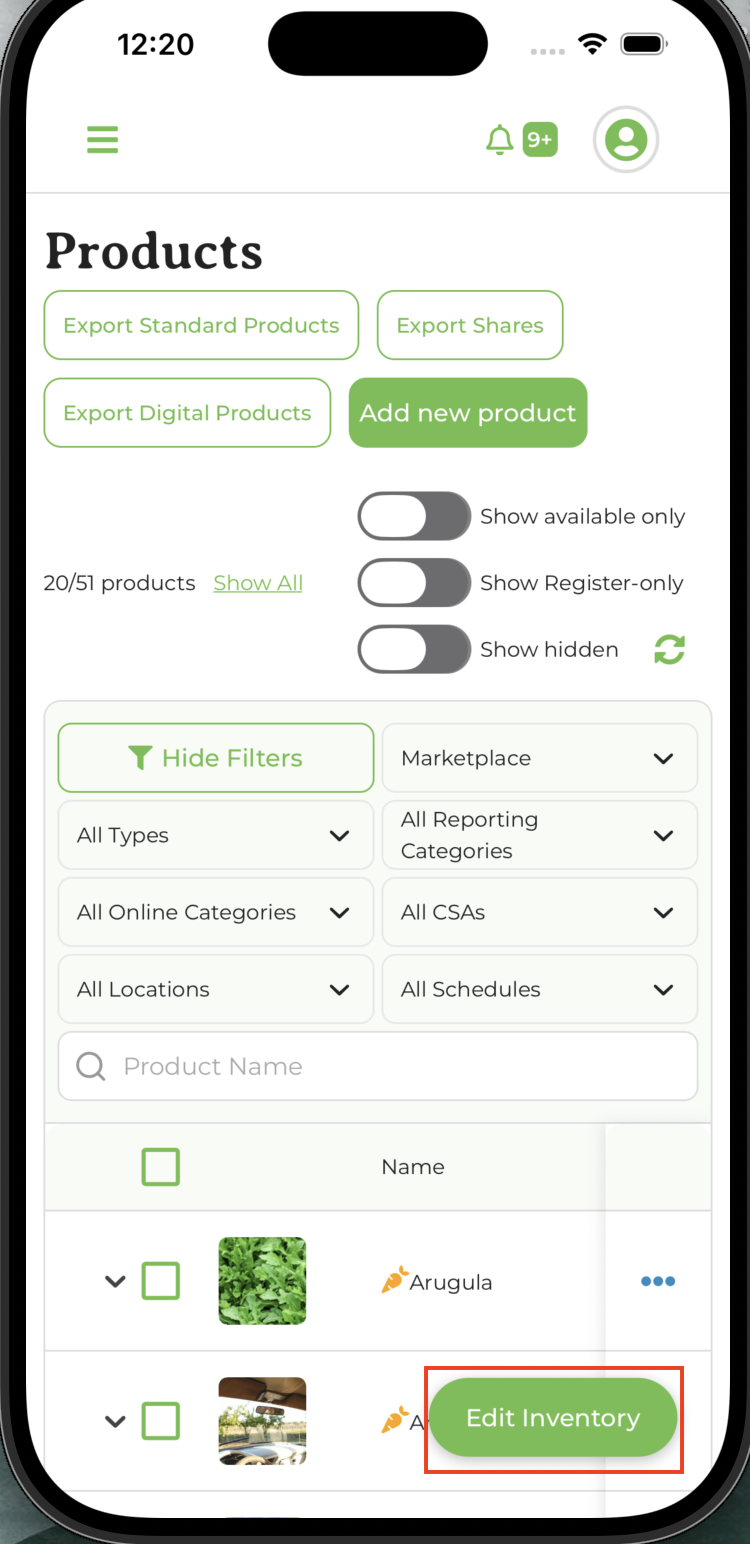 Mobile Products list showing the floating Edit Inventory button