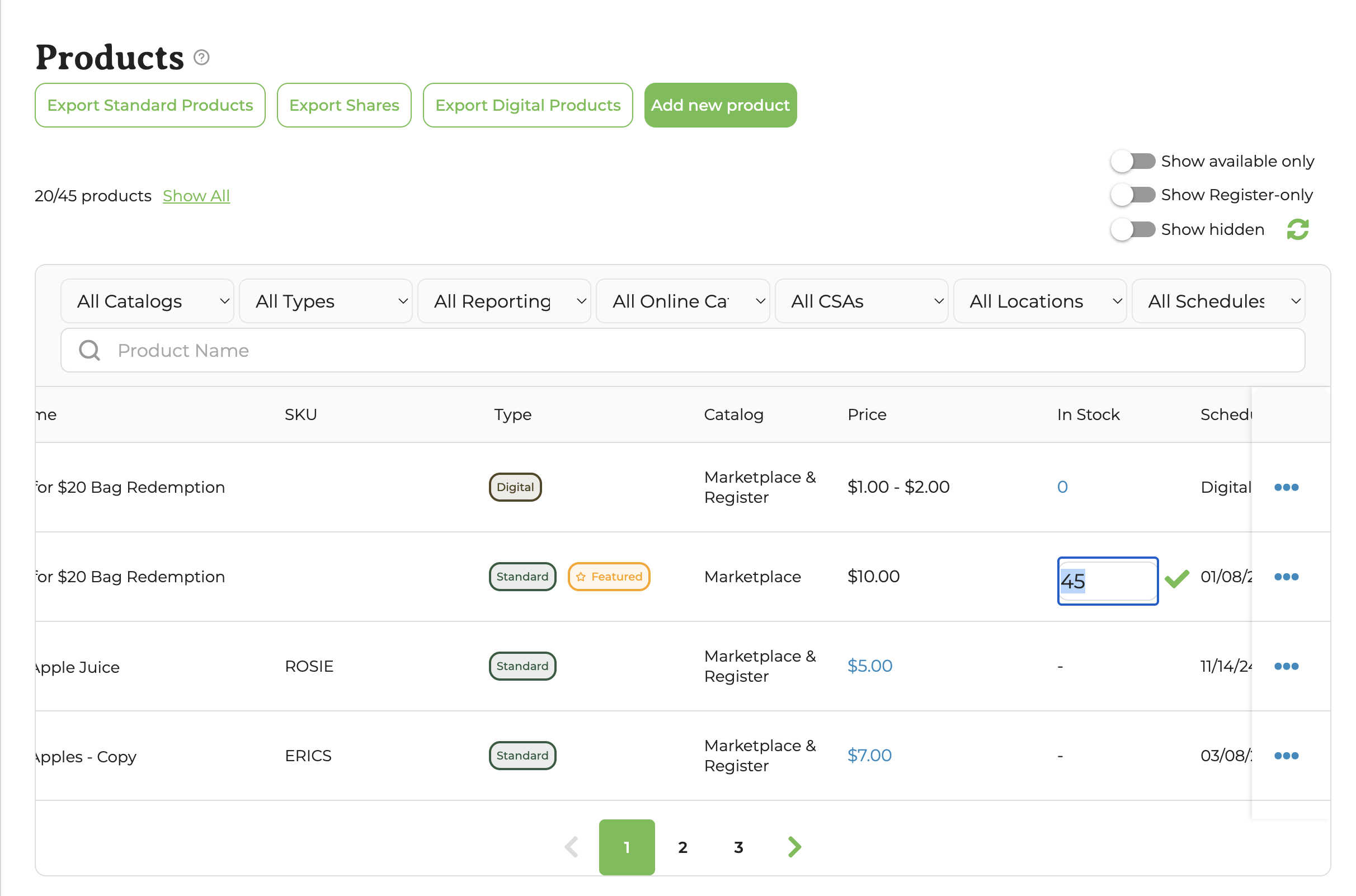Product inventory update in the table