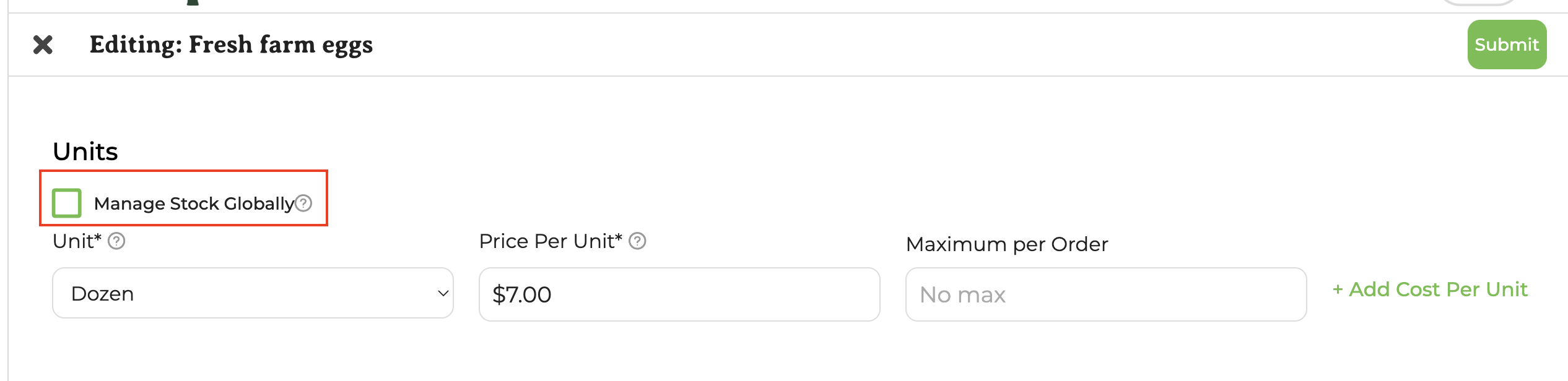 Manage Stock Globally checkbox in the product editor under Units