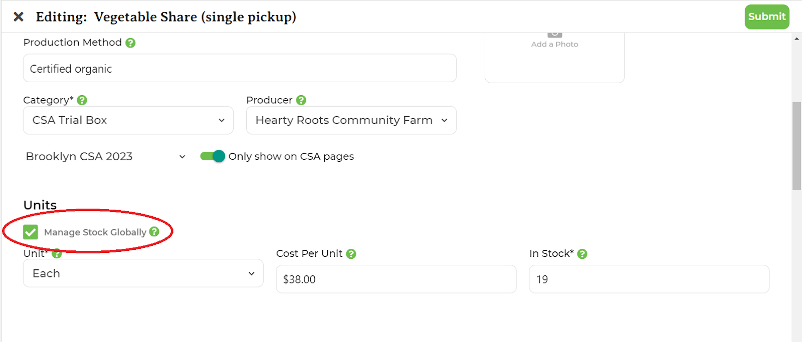 Manage Stock Globally checkbox in the product editor under Units