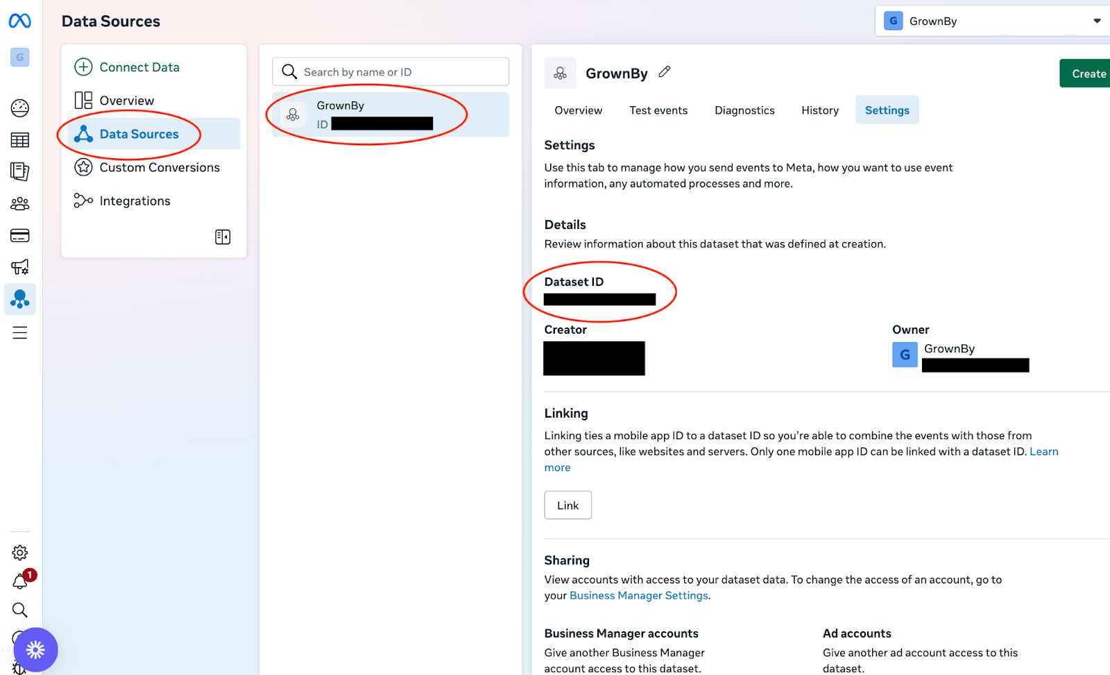 Meta Events Manager Data Sources showing the Pixel ID