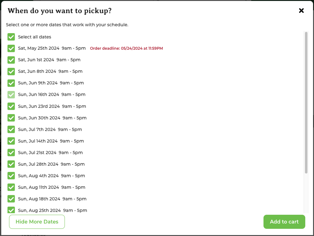 Shopper view showing date selection with Select all dates option