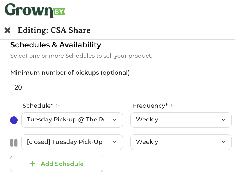 Schedules and Availability section showing the minimum number of distributions field