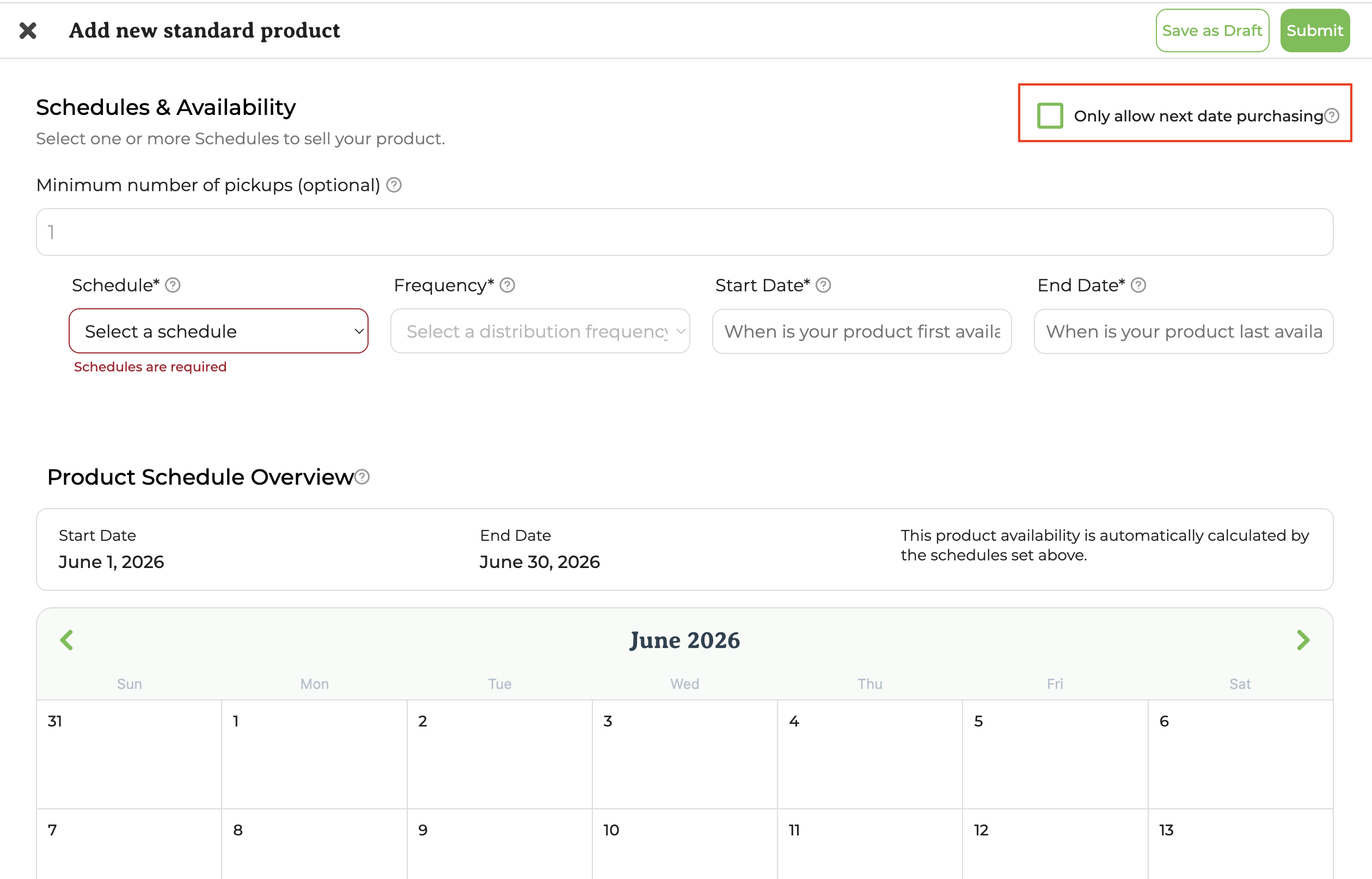 Product editing page showing the Only allow next date purchasing checkbox