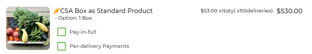 Checkout screen showing Pay-in-full and Per-delivery payment options