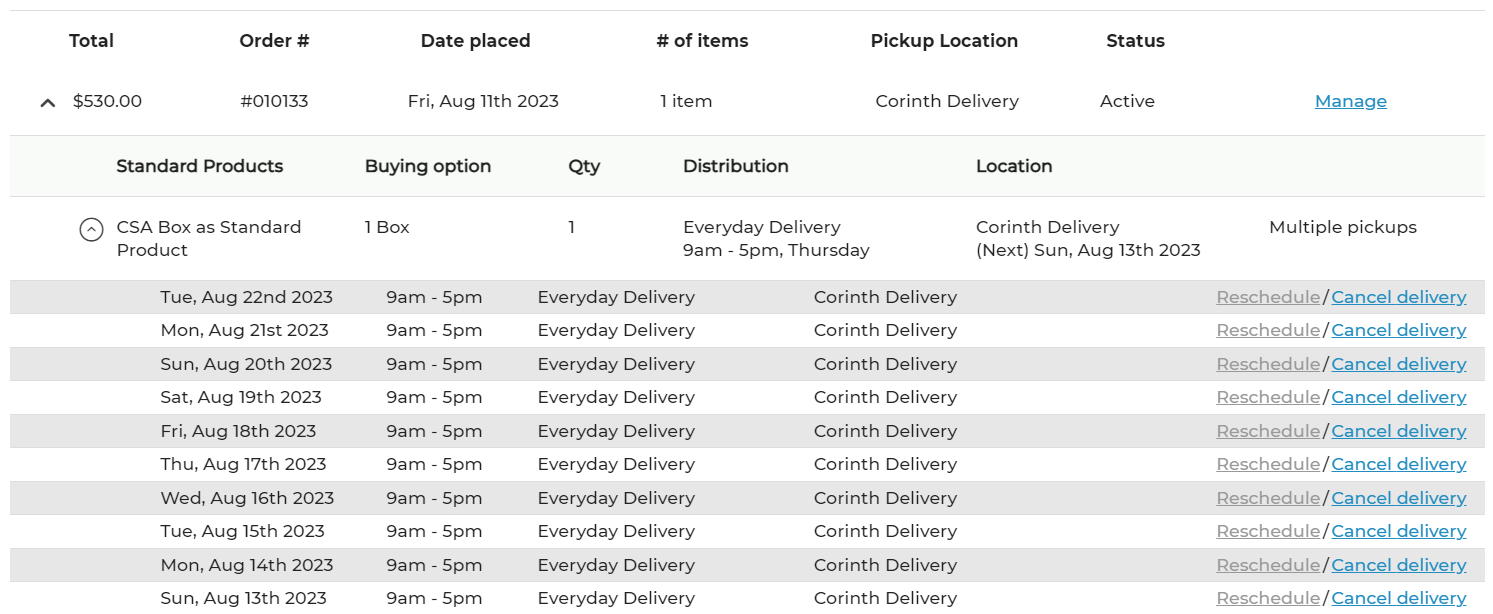 Customer orders page showing expanded order with individual pickups and deliveries