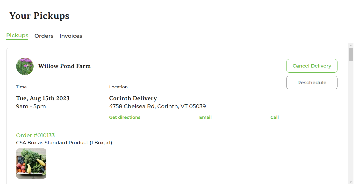 Customer pickups page showing cancel and reschedule options for a single week