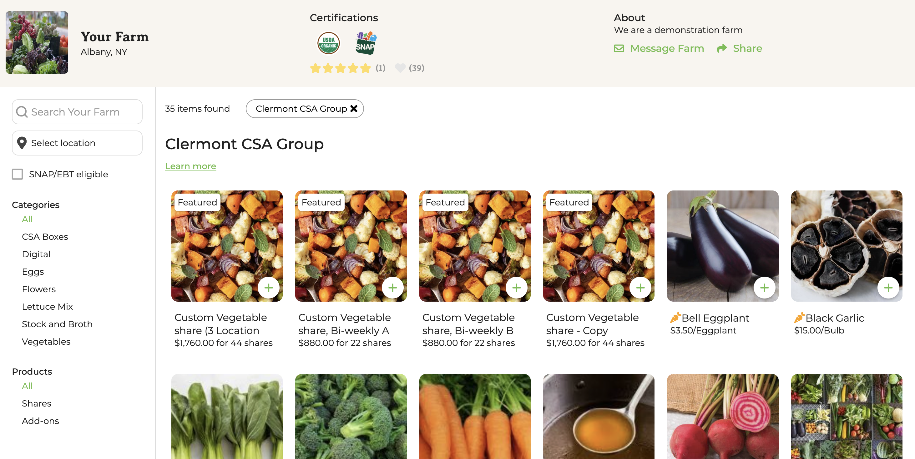 Shop sidebar showing CSA Groups listed under the Shares heading