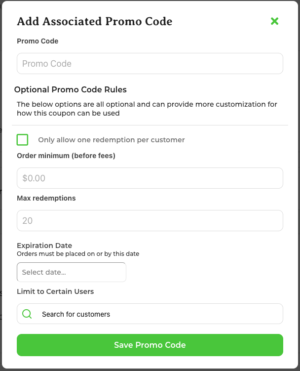 Add Promo Code dialog showing the code entry field
