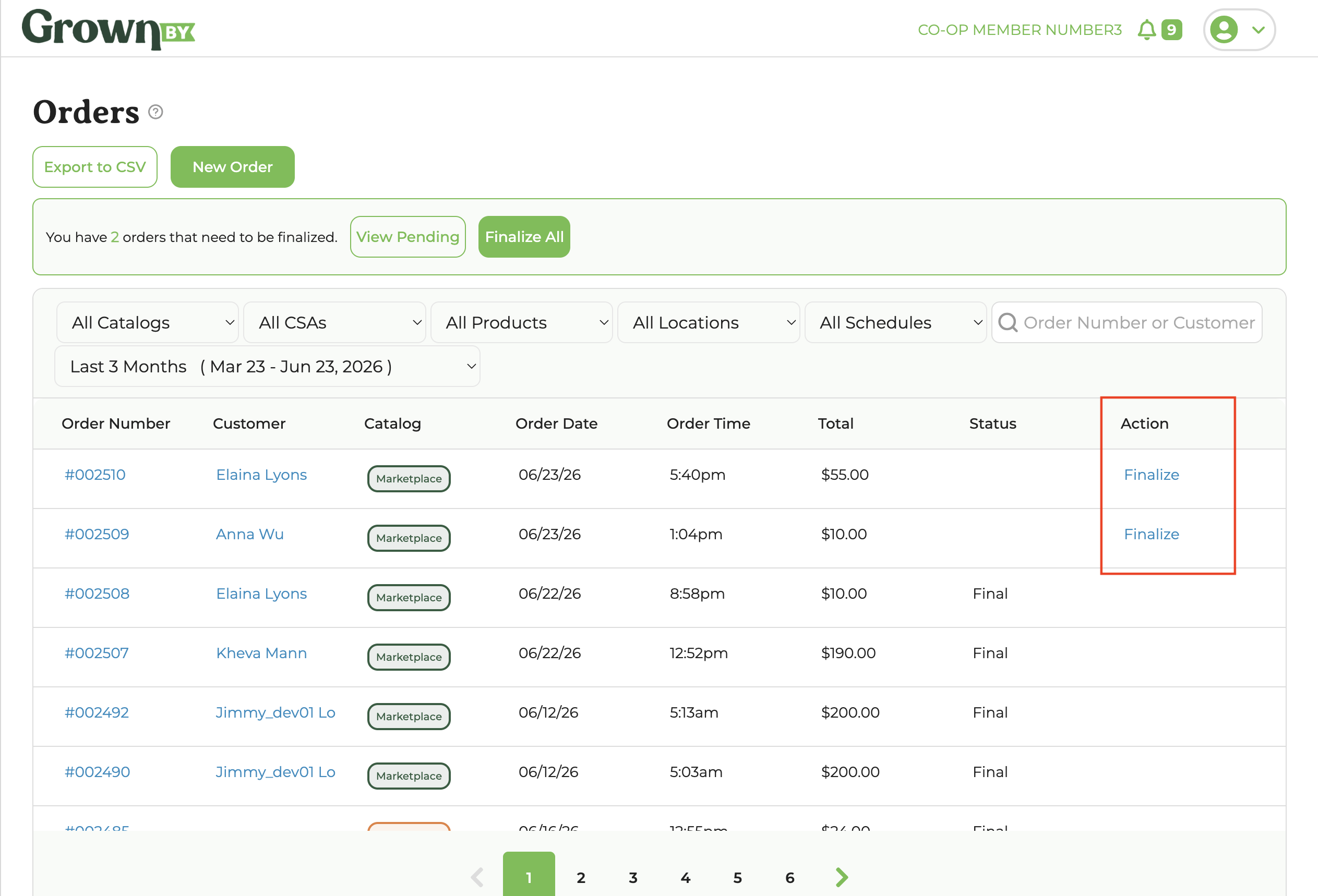 Orders dashboard showing a list of orders with the Status column highlighting items that need finalization