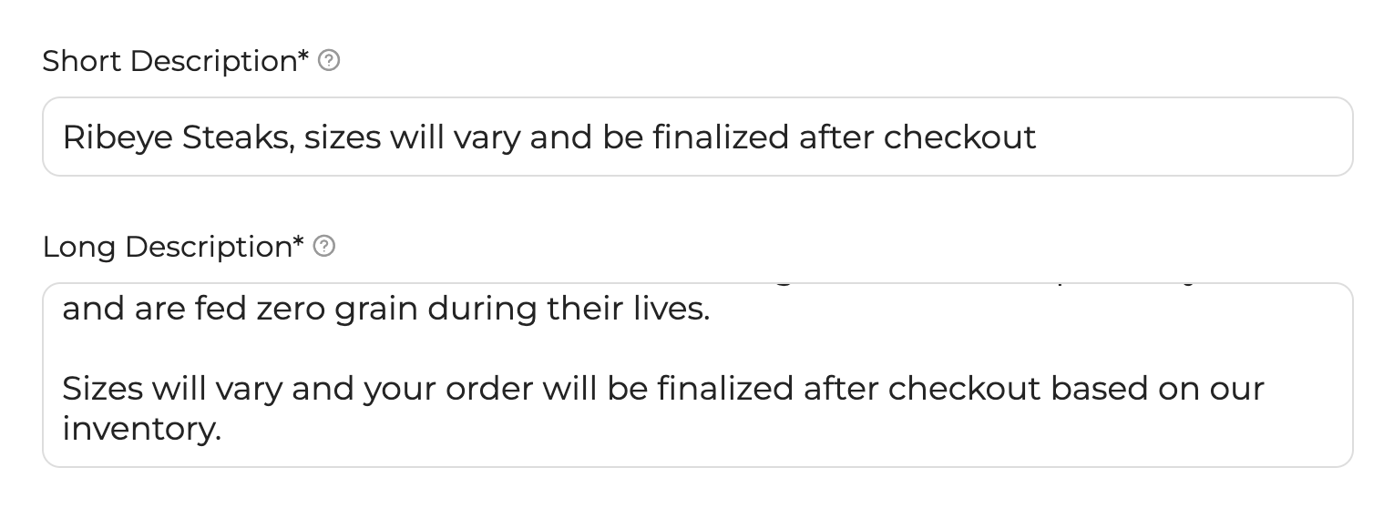Example product description with notes about variable weights and order editing