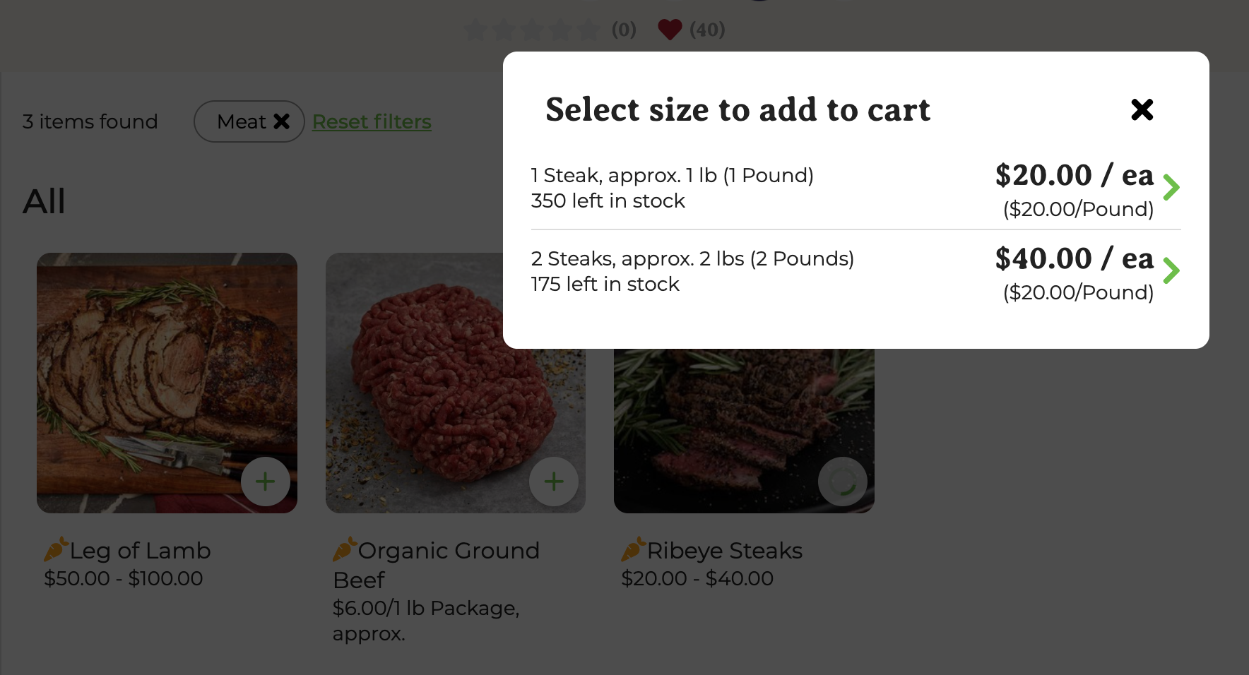 Shop view showing meat products with various cuts available for purchase
