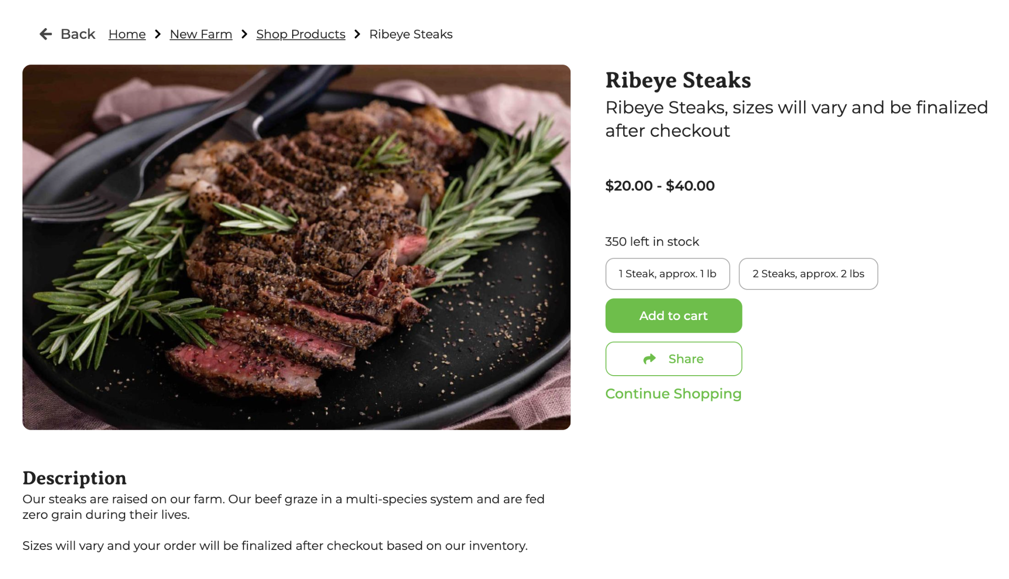 Product page where the customer can choose between different buying options/sizes