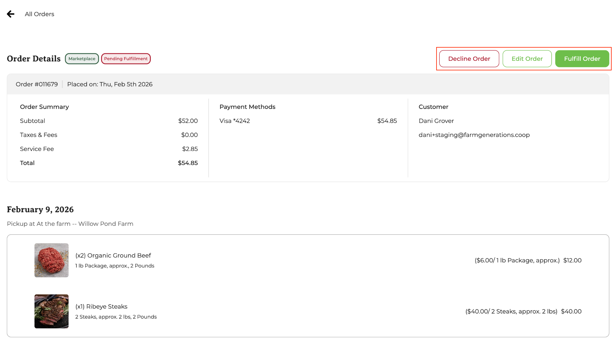 Orders dashboard showing a list of orders with the Status column highlighting items that need fulfillment