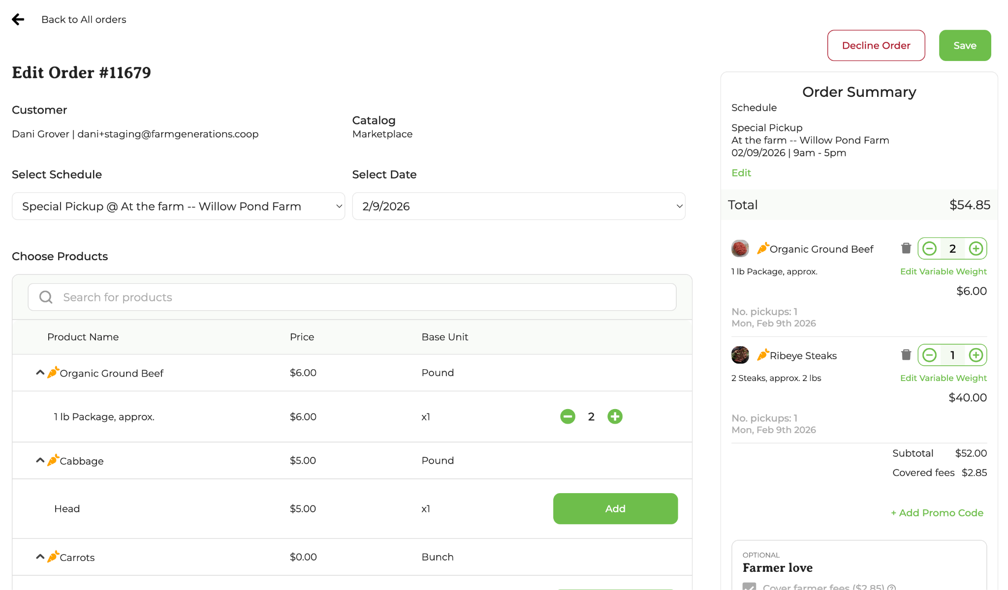 Order detail screen with Decline Order, Edit Order, and Fulfill Order buttons
