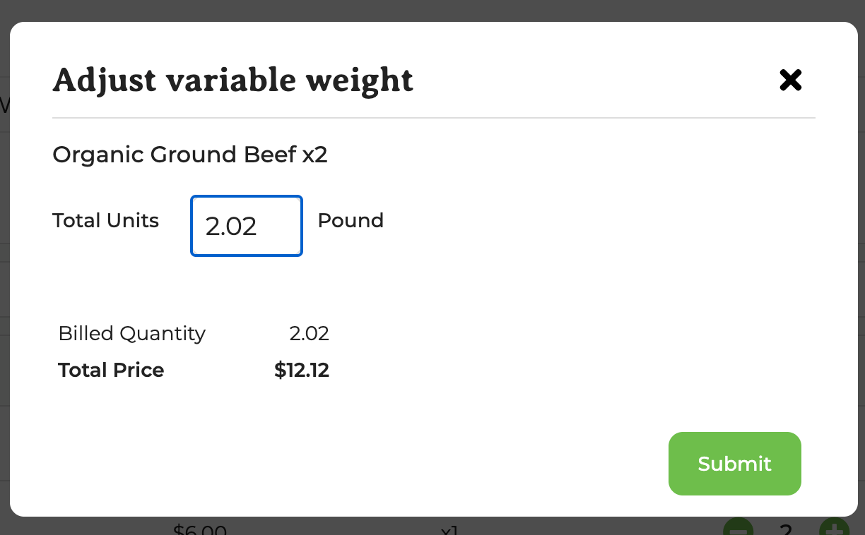 Order editing screen showing line items that can be adjusted