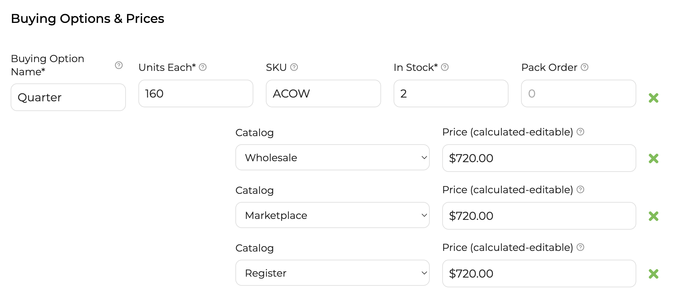 Buying options configuration showing a quarter animal at 160 lbs with 2 in stock